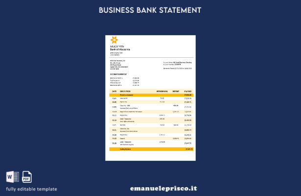 stile verificato Estratto conto bancario aziendale della Banca d'Abissinia Model